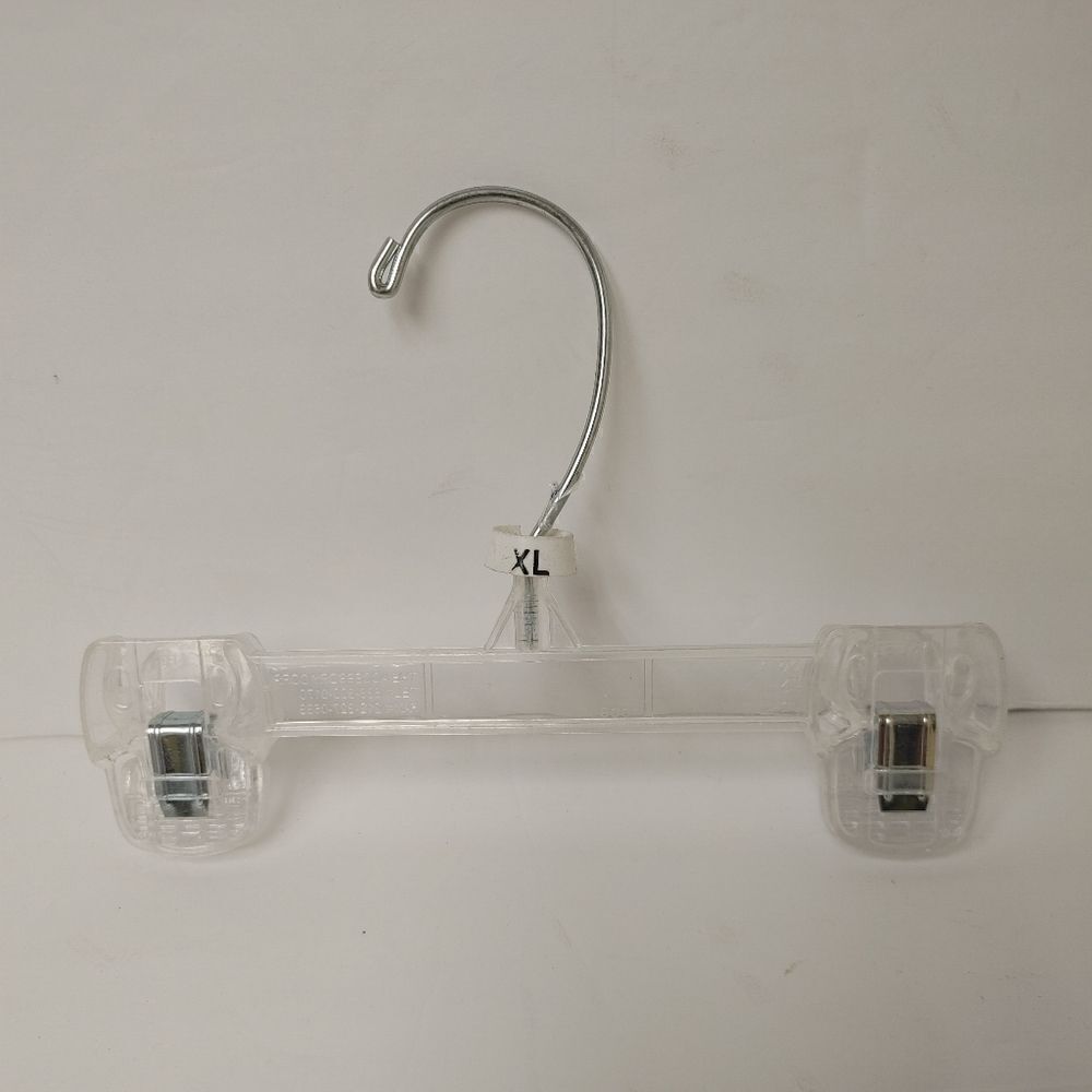 ASSORTED CLEAR, & WHITE PANT/SKIRT HANGERS WITH SWIVEL HOOK.